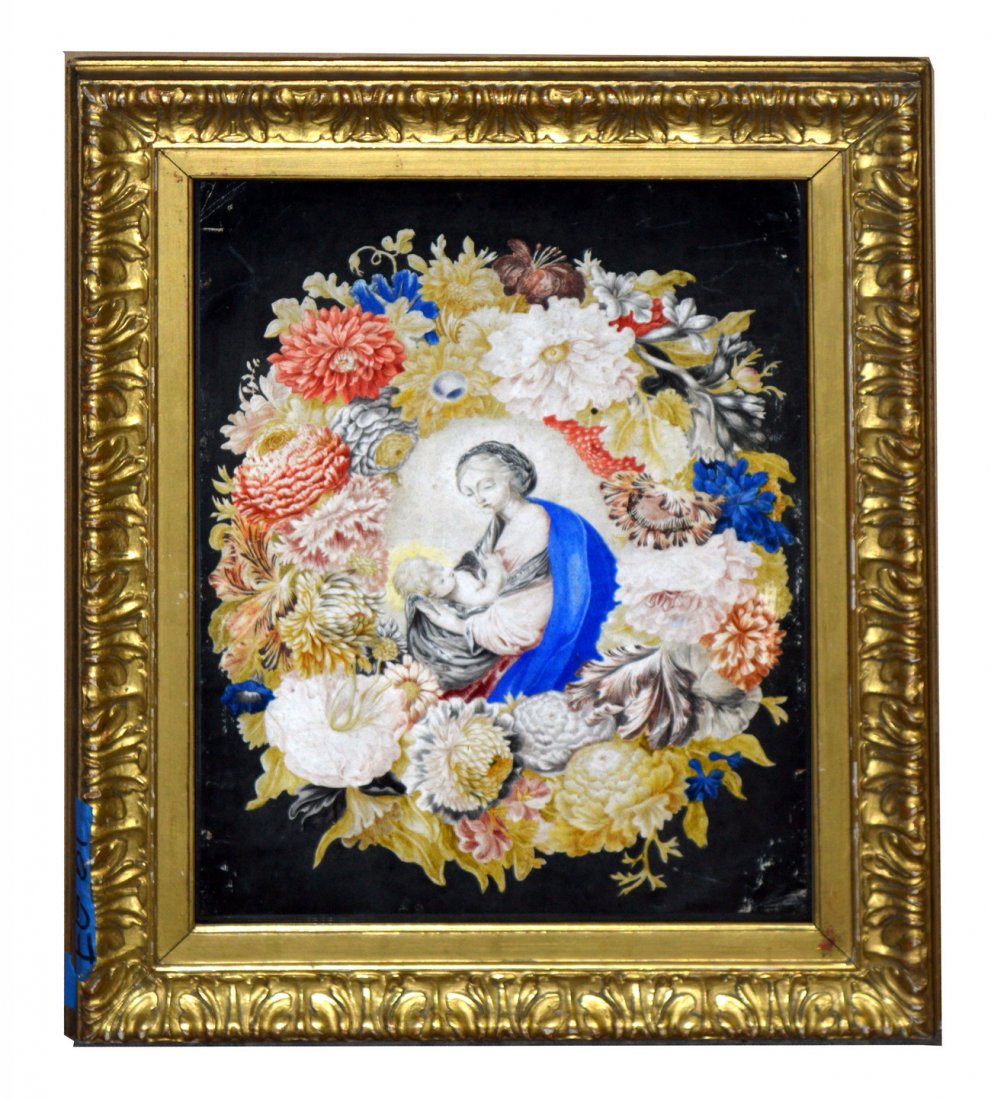18th C. Swiss Gouache - Madonna & Child: Depiction of Madonna and child contained within a colorful lush floral wreath. Unsigned. Fading, abrasions at corners, and light foxing. [Art: 14 1/2" x 11"; Frame: 19" x 15 1/2"]