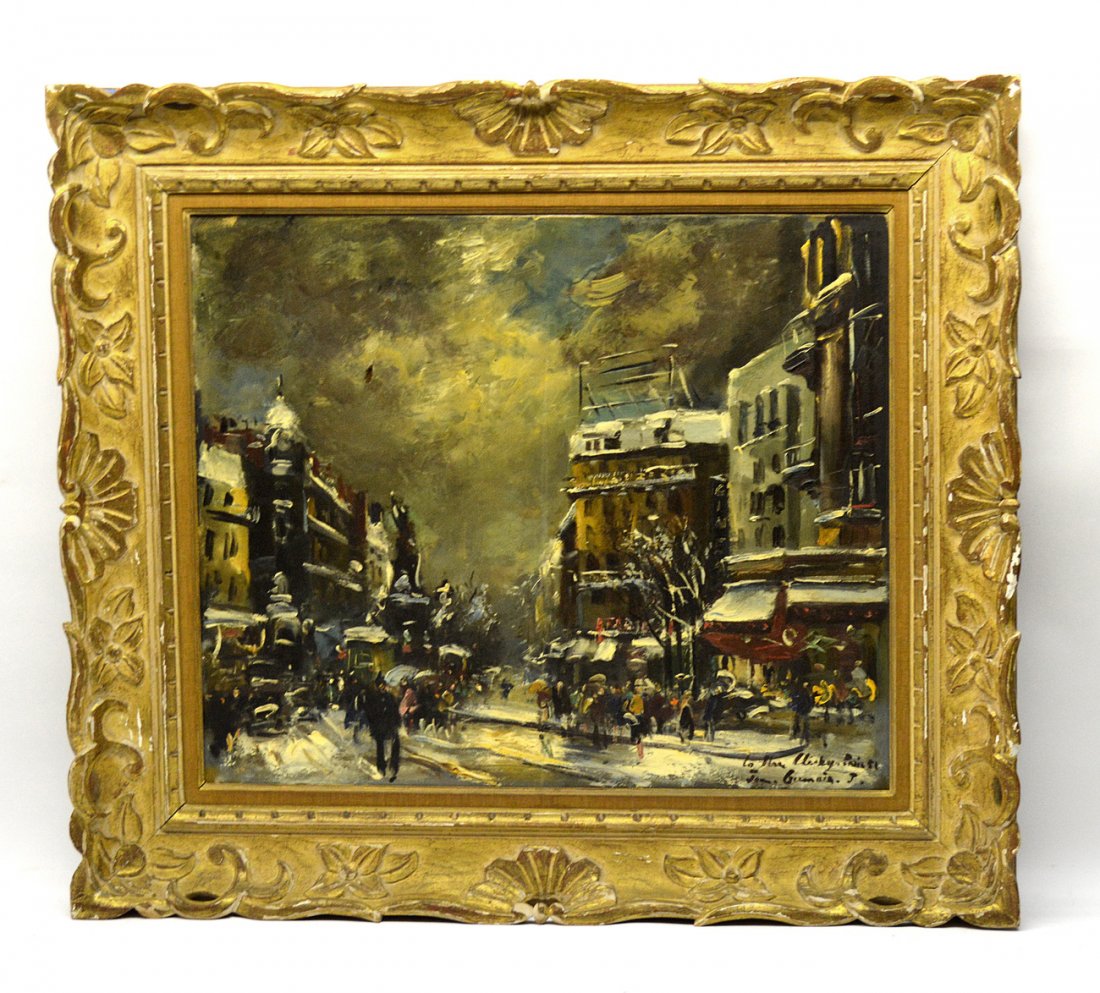 After Jean Germain, Oil on Canvas - Street Scene: Depicts a bustling Parisan wintertime street scene. Inscribed and signed at bottom right: "La Place Clichy, Paris 51/Jean Germain. J." Bears three holes at top left affecting background sky. [Art: 21"