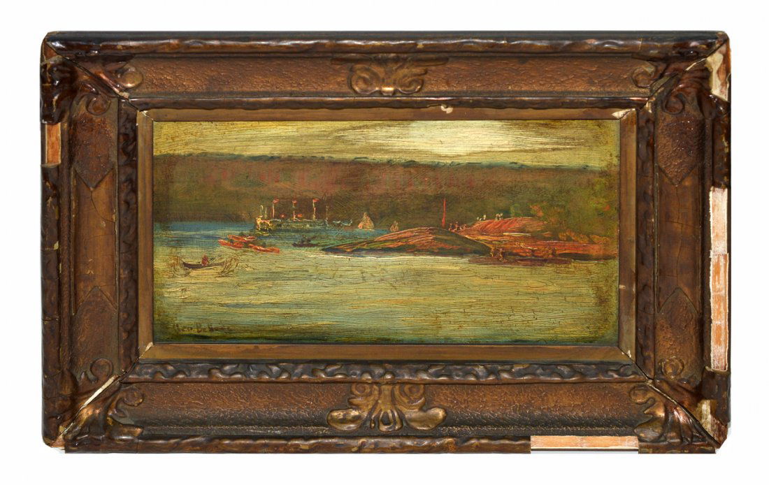 After George Wesley Bellows, Oil on Board: River scene with multiple vessels and bathers on shore. Signed bottom left: "Geo. Bellows." Surface grime. [Art: 4 3/4" x 8 1/4"; Frame: 8 1/2" x 12"]