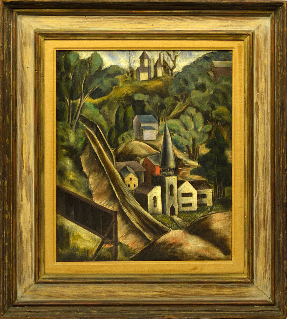 After Andre Derain, Oil on Canvas - Landscape: Stylized cubist composition depicting a valley village with church buildings and others. Inscribed at lower left: "A. Derain." Small puncture at upper right. Needs re-stretching. [Art: 19 1/2" x 15 1/