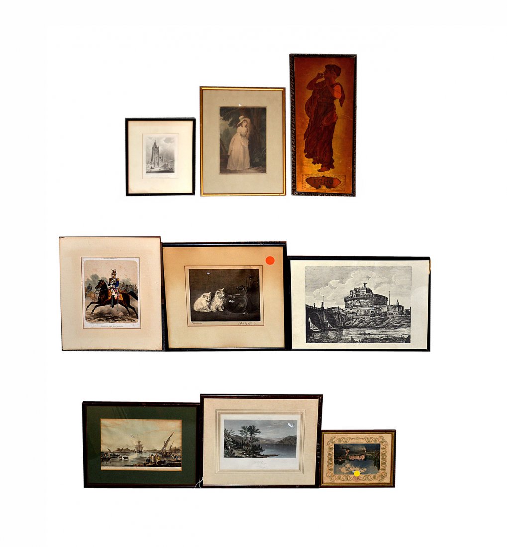 Group of Nine European & American Works: Comprises vintage and antique prints with a carved panel. Subjects include: military, Lake George, portrait of Corfu, portrait and city views.