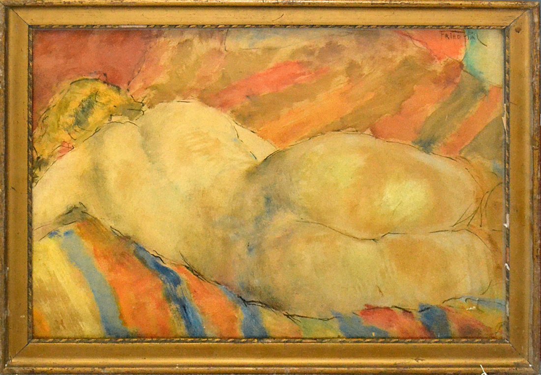 Fried Pal, Gouache on Crescent Board - Nude: Depicts a reclining nude with back to viewer. Signed upper right: "Fried Pal". Age-toning, soiling, and blemishes affecting lower back and buttock. [Art: 23 1/4" x 33 1/4"; Frame: 28" x 37 5/8"]