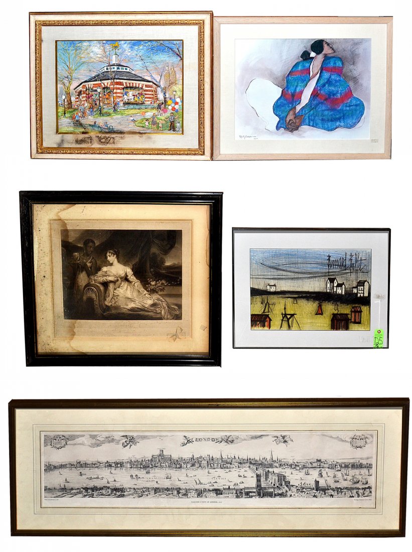 Framed Picture Lot, Prints & Watercolors: Comprises: 1.) Lithograph, "Almeria" after a painting by William Owen, [Image: 14 3/8" x 18 1/2"] 2.) Offset lithograph, Native American woman by R. C. Gorman, [Image: 21" x 27"] 3.) Lithograph, farm 