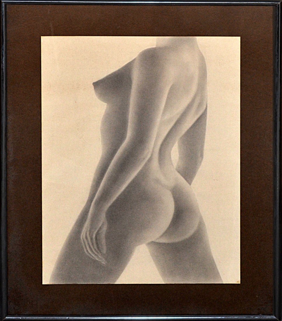 Charcoal on Paper - Female Nude: 3/4 profile pose female torso. Unsigned. Toning and adhesive stains at extreme bottom edge. [Art: 23 3/4" x 16 1/2"; Frame: 31 1/4" x 24"]