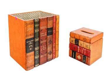 Leather Faux Book Stack Tissue Box & Waste Basket