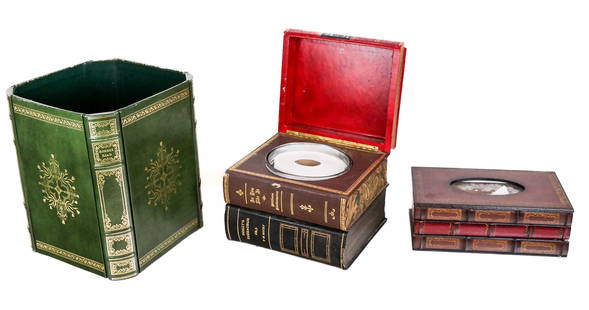 Leather and Wood Faux Book Accessories, 3: Three leather or wood faux books stacked for bathroom as decorative accessories comprising toilet paper holder, waste basket, and tissues box. [Toilet paper holder: 7.5" H x 10" W x 8.5" D, Waste