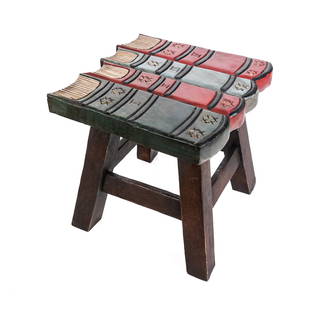 Whimsical Carved and Polychrome Book Stool: Whimsical carved and painted book stool. [9.5" H x 10" Square]. Overall condition is good.