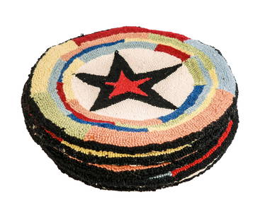 Collection of 8 Hand Hooked Foot Rugs: Collection of eight "Hooked on Vermont" design hand hooked rugs, China, each centered by a red and black star framed by colorful segmented borders, bearing label to reverse. [14" Diameter]. Overall