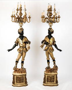 Pair of Venetian Polychrome Blackamoor Torchieres
