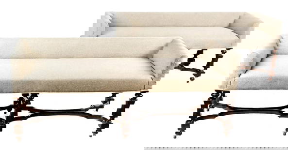 Pair of Baker Milling Road Upholstered Benches: Pair of Baker Milling Road upholstered window or hall benches, 21st century, with grey wool or wool blend upholstery, and six carved mahogany legs adjoined by decorative cross stretchers, marked Baker