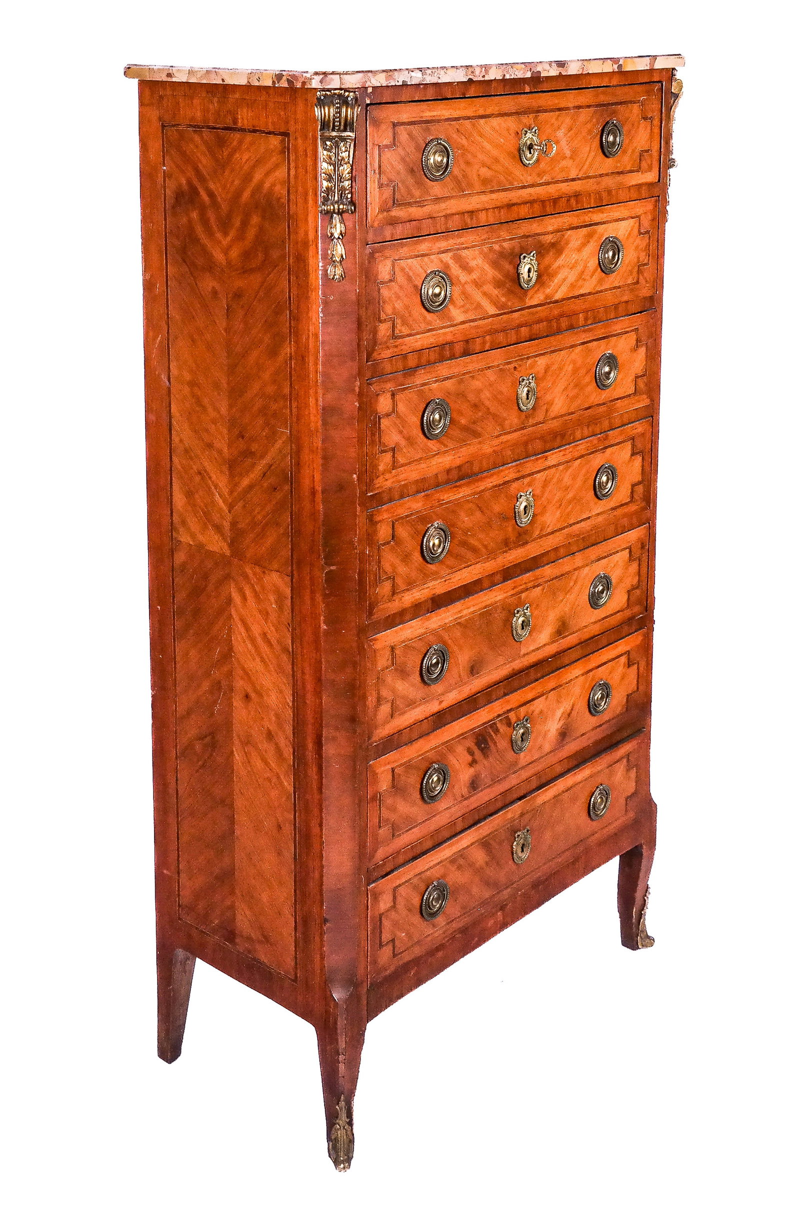 Louis XVI Semanier / Lingerie Chest: Louis XV semanier or lingerie chest, 20th century, with inlaid satinwood and a terrazzo marble marble top over seven drawers with bronze mounts, marked Made in France to top beneath marble and to reve