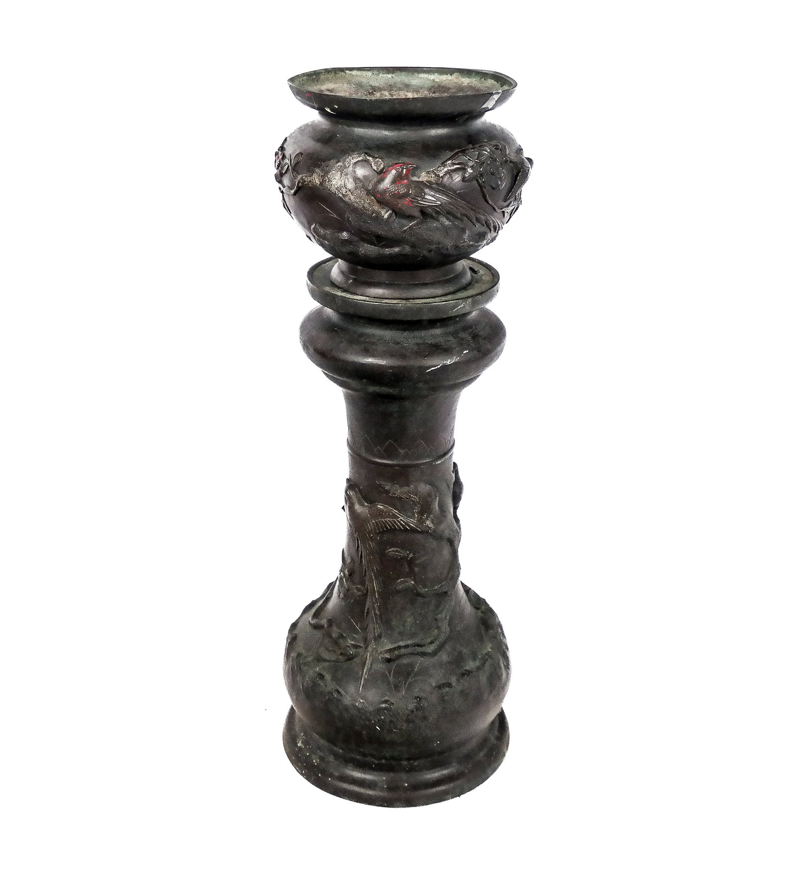 Japanese Meiji Bronze Jardiniere on Stand: Japanese Meiji bronze jardiniere on stand, late 19th century, consisting of a bronze jardiniere with relief landscape and bird and cherry blossom decoration and a landscape to scene to interior base, 