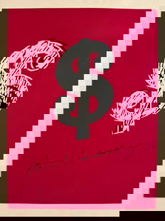 Andy WARHOL Signed Print of a Dollar Sign: Andy Warhol (American 1928-1987) signed print of a dollar sign on red Fasprint paper, with the artist's signature to lower over an impression, and stamped Andy Warhol to reverse. [12.5" H x 9.5" W]. O