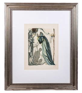 Salvador DALI: Figural Scene - Print: Salvador Dali (Spanish, 1904-1989) woodcut print from his illustrations for Dante Alighieri's "Divine Comedy", Ed. # 27/150, signed lower right.