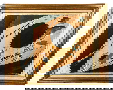After Aleksander RODCHENKO: Mixed Media - Abstract: Oil and collage elements on paperboard, depicting abstract shapes, numbers and Cyrillic letters, signed lower right, possibly by Aleksander Rodchenko (Russian, 1891-1956). [Art: 17" H x 20" W; Frame: