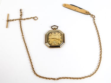 Plojoux 18K Gold & Enamel Pocket Watch with Chain