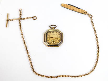 Plojoux 18K Gold & Enamel Pocket Watch with Chain: Plojoux Art deco 18K gold and blue enamel open face pocket watch, of octagon outline, with gold tone matte and polished dial, raised Arabic numerals, subsidiary seconds and arrow hands, signed on the