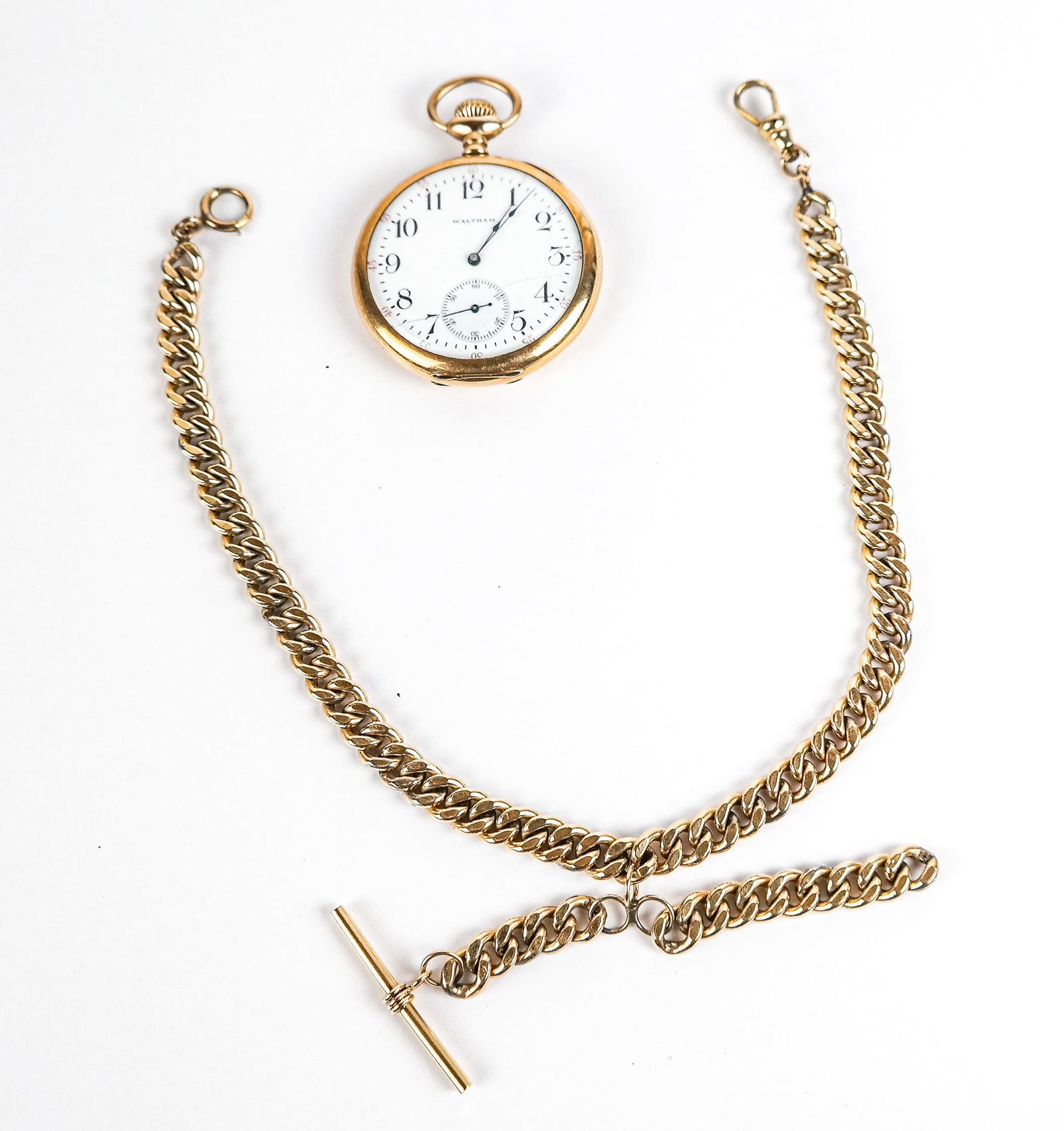 Waltham 14K Gold Open Face Pocket Watch and Chain (1 of 12)
