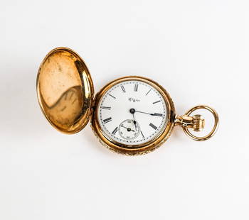 Elgin 14K Gold and Enamel Lapel Watch: Elgin 14K gold and enamel hunting case lapel watch, engraved, monogrammed, and enamel decorated flowers and ribbon, white dial, with Roman numerals, subsidiary seconds, and blued arrow hands, signed o