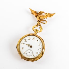 Art Nouveau 14K Gold & Diamond Lapel Watch and Fob