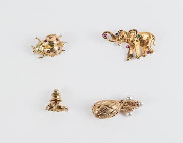 Four 14K Gold and Gem Set Pins