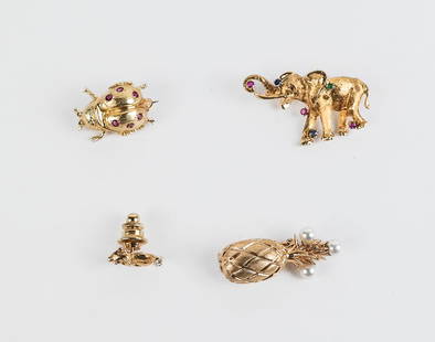 Four 14K Gold and Gem Set Pins