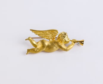 18K Gold and Diamond Cherub Brooch