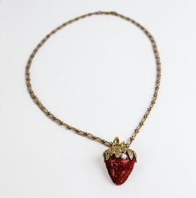 Gold, Diamond & Enamel Strawberry Pendant & Chain