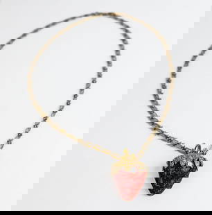 Gold, Diamond & Enamel Strawberry Pendant & Chain