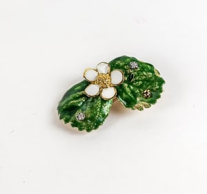 18K Gold, Enamel and Diamond Pendant Brooch