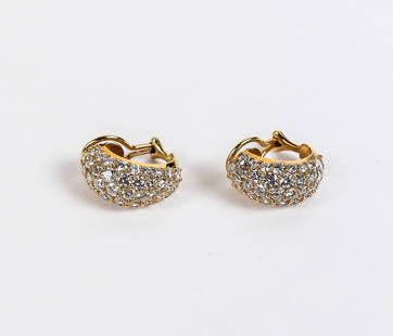 Tiffany & Co. Pr of 18K Gold & Diamond Earrings: Tiffany & Co. pair of 18K gold and pave-set diamond clip back ear clips, set with 82 round brilliant-cut diamonds, total approximately 4.40 cts., marked to reverse 750 T & Co., total 9.4 dwt. [.75" Le