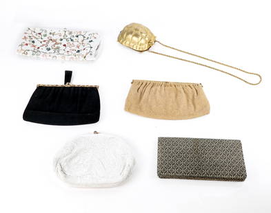 Six Beadwork and Other Vintage Clutches: Six beadwork and other vintage clutches and bags comprising a Walborg gold tone turtle form clutch, a Coblentz white beadwork clutch with gold tone hardware, a Bonwit Teller jacquard wallet, a Spulcio