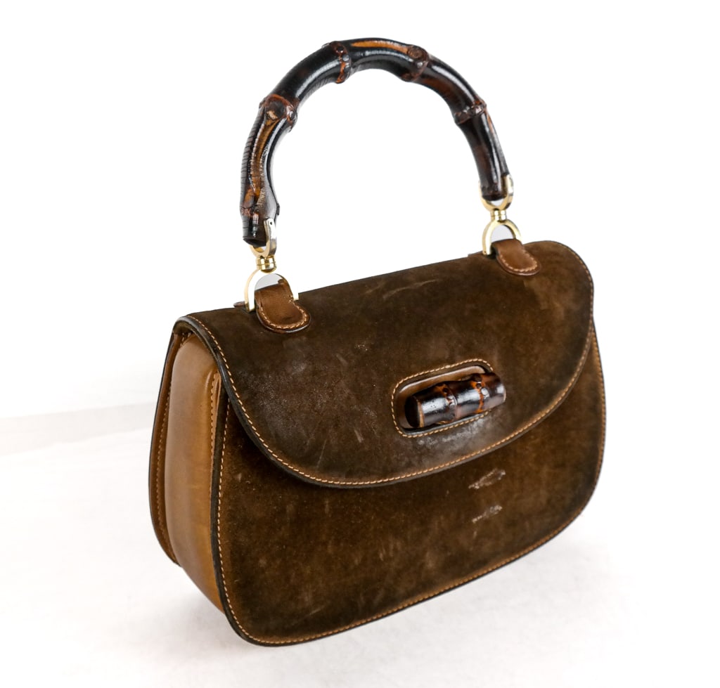 Gucci Vintage Carob Suede & Bamboo Handle Handbag (1 of 10)