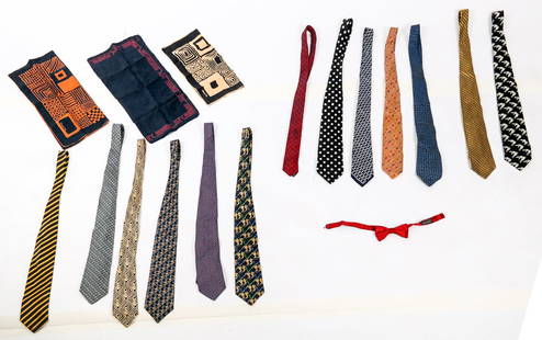 Dior and Other Designer Men's Accessories, 17: Designer men's accessories including ties, bow ties and pocket squares comprising a Christian Dior blue silk pocket square with beige decoration, a Christian Dior blue silk pocket square with orange d