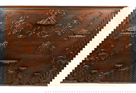 Neoclassical Carved and Gilded Overmantel Panel: Neoclassical carved and gilded overmantel panel, Germany, second half 20th century, the top central element electrified. [56" H x 89" W x 8" D]. Condition is fair, with cracks and losses. From the Col