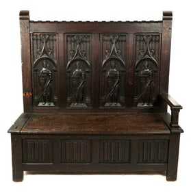 Gothic Revival Carved Oak Coffer Bench