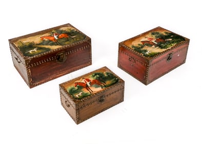 Set of Three Horse Painted Nesting Trunks