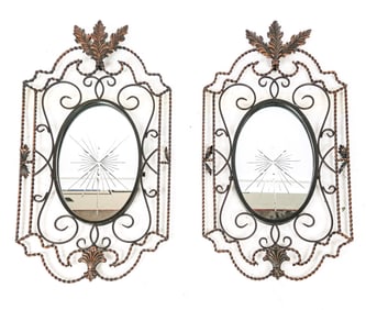 Pr Gilded and Painted Wrought Iron Wall Mirrors
