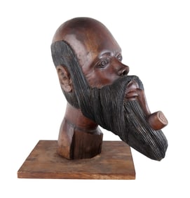 Folk Art Carved Bust of Man with a Pipe