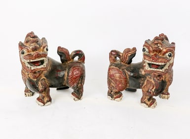 Pr Carved and Polychromed Foo Lions