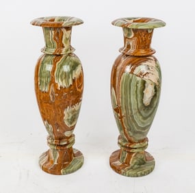 Pair Monumental Carved Red and Green Onyx Urns