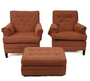 Pair Of Upholstered Club Chairs & Ottoman