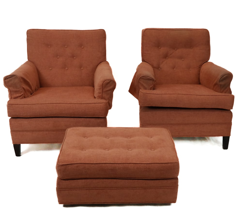 Pair Of Upholstered Club Chairs & Ottoman (1 of 9)