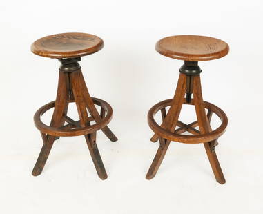 Pair Arts and Crafts Oak Drafting Stools
