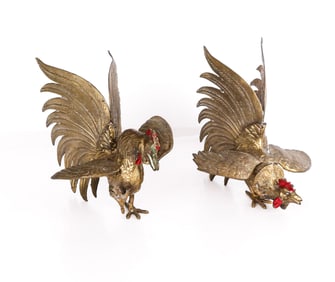 Complimentary Pair Brass Fighting Cocks