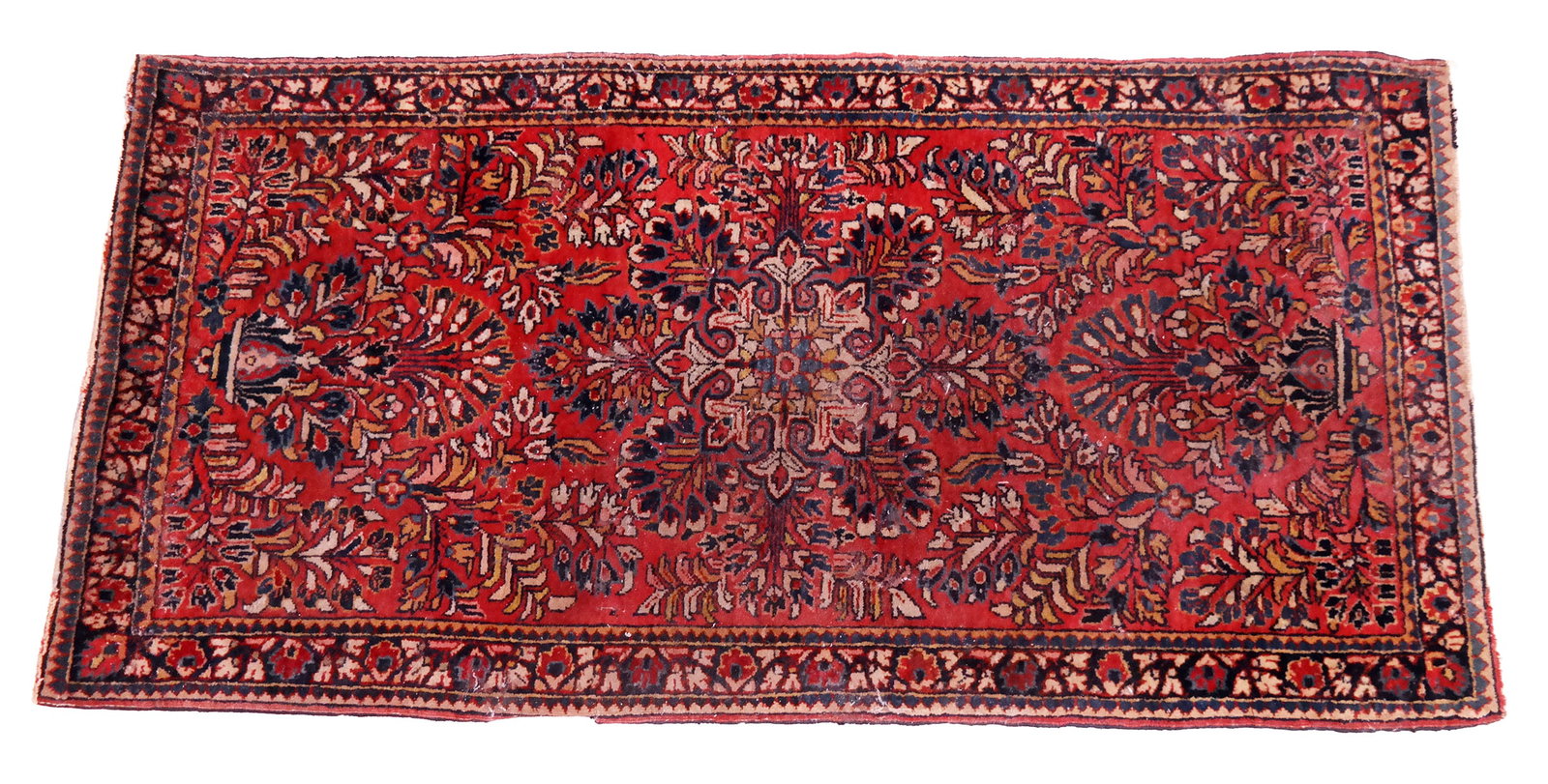 Oriental Rug: Oriental Sarouk rug circa 1940s with medallion and border. [2' x 4' 2"]. Dry and cracking; moth damage. From the Collection of Susan and Cliff Freeman