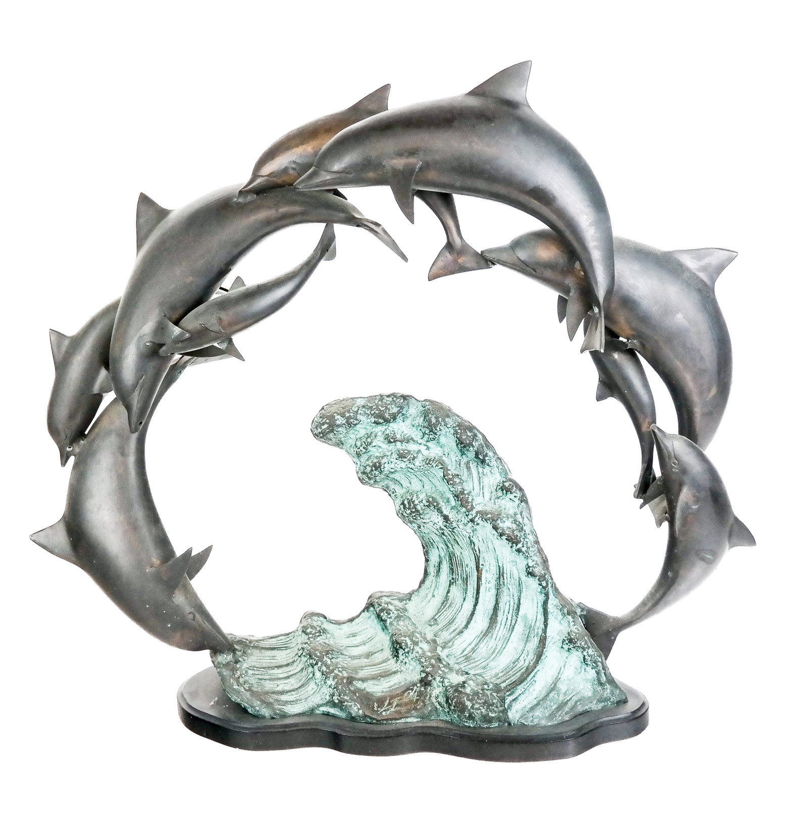 Sculpture of a Pod of Dolphins Over a Wave: Patinated metal sculpture of a pod of dolphins over a cresting wave, 21st Century, on a black metal base with an illegible signature to verso. [20" H x 22" W x 6" D]. Condition is good with some fadin