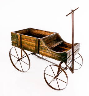 Antique Wood & Metal Child's Horse-Drawn Wagon Toy: Antique wood and painted metal horse-drawn wagon child's toy. [Wagon excluding pull arm: 13" H x 23" L x 14" W]. Overall condition is fair, losses, bent metal, and chipped, probably constructed from