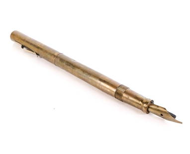 Antique Brass Stationery's Fountain Pen Decoration: Antique brass and carved wood stationeries fountain pen decoration. [23.5" H x 1.75" W x 1.50" D]. Overall condition is fair, discoloration and wear to top, carved wood nib with cracks to paint and