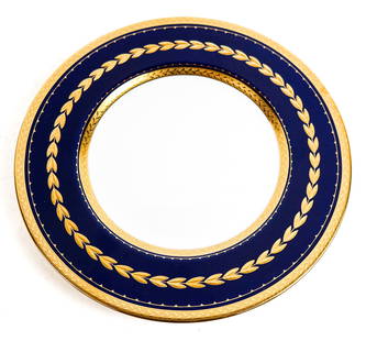 Minton for Tiffany Bone China Dinner Plates, 12: Minton for Tiffany & Co. twelve bone china white and cobalt dinner plates with gilt wreath decoration, 1951 - to present, England, marks to reverse. [10.75" Diameter]. Overall condition is good.